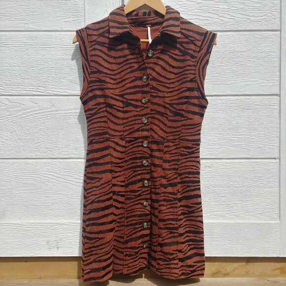 Free People animal print brown black tiger stripe mini dress button down Small - Picture 9 of 16